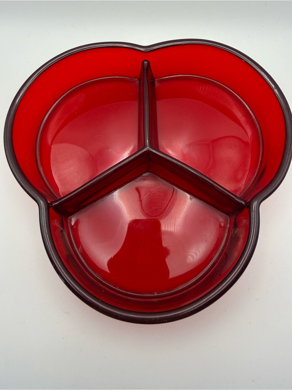 Vintage Red Glass Split Candy Nut Olive Dish Bowl 7” Clover 3 Sections Paden MCM